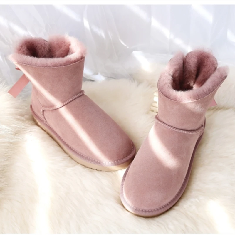 G&Zaco Luxury Real Wool Sweet Bow Snow Boots Women 2023 Genuine Sheepskin Boots Sheep Fur Winter Flat Girl Shoes