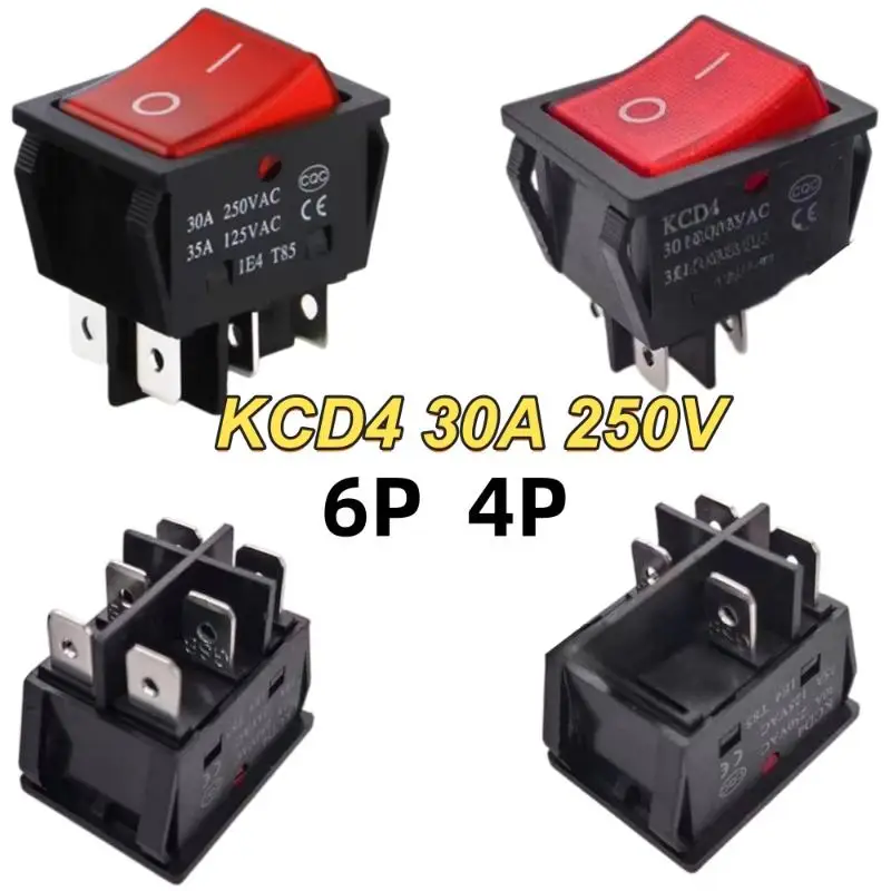 1Pcs KCD4 Rocker Power Switch 4/6Pin 30A 250V High Current Red Copper Contact For Welding Machine Electrical Accessory