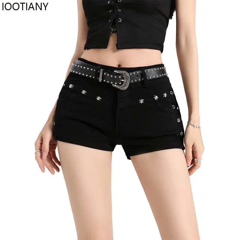 Summer Y2k Sexy Low Waist Mini Denim Shorts Women Vintage Korean Popular Girls Slight Strech Streetwear Gothic Rivet Black Jeans