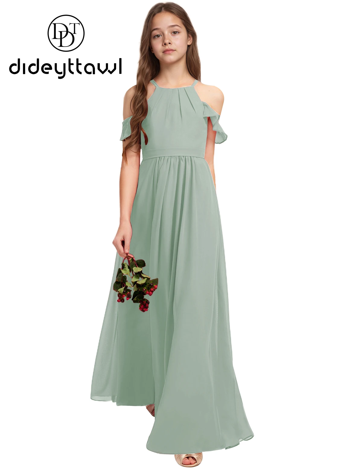 

Dideyttawl Customized Girls V Neck Spaghetti Straps Ruched Cross Front Chiffon High Waist Open Back Tie Floor Length Elegant For