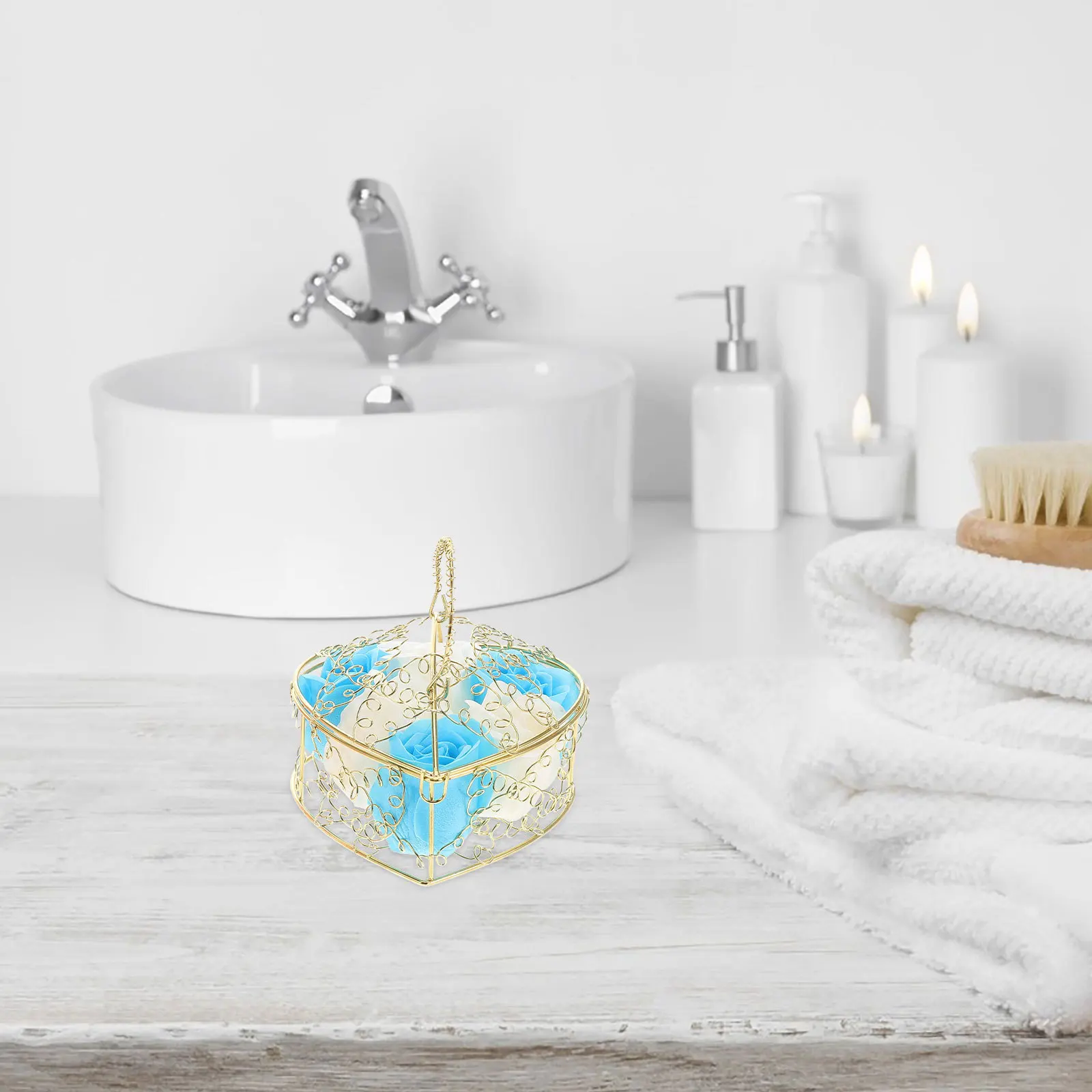 

2Pcs Decorative Soap Roses in Metal Wire Basket Floral Scented Bath Soap Elegant Rose Flower Design for Luxurious Bath