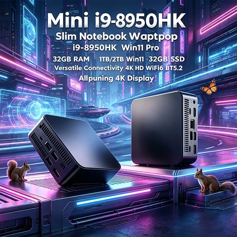 I9-8950HK Compact Mini Laptop Win11 Pro 32GB RAM 1TB/2TB SSD 4K HD WiFi 6 BT5.2 Multifunctional Daily Notebook