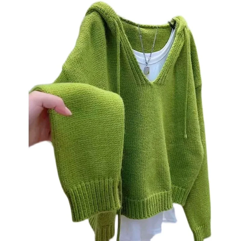 

V-neck Hooded Loose Lazy Style New Pullover Sweater for Women