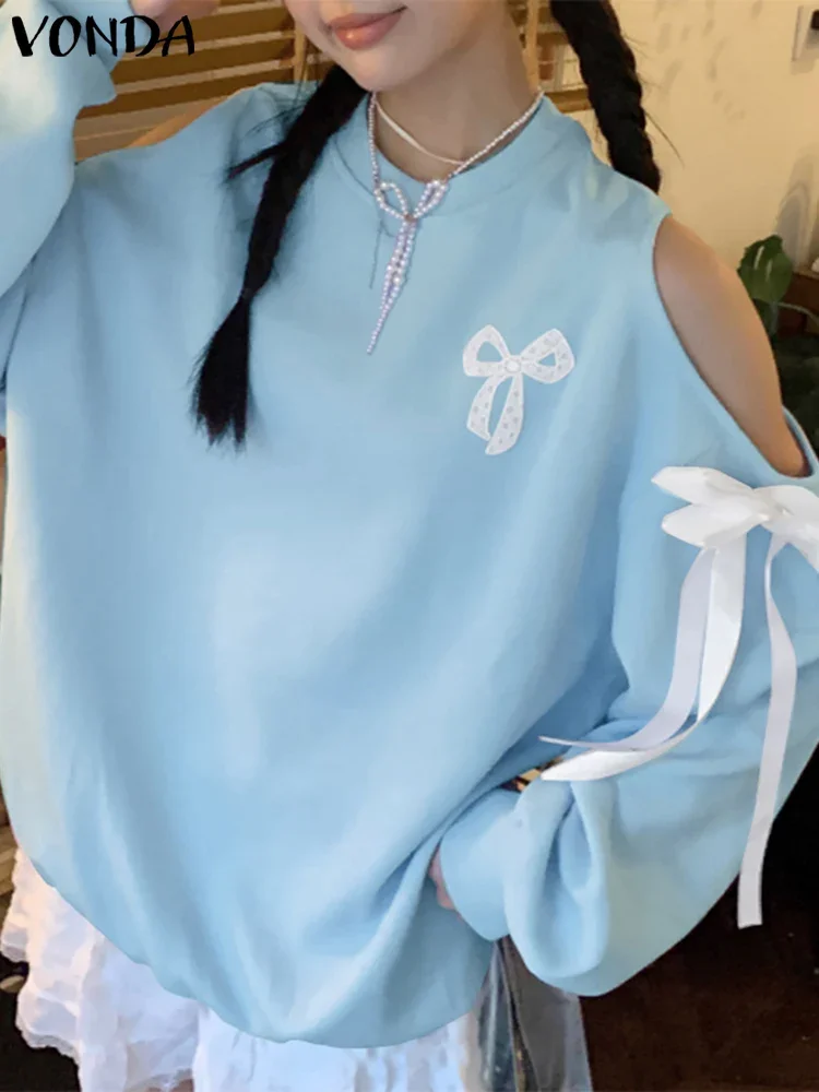 

Autumn Blusas Casual Loose Top Plus Size Women Blouses 2025 Fashion Long Sleeve Bow Tops Off The Shoulder Solid Color Tunic