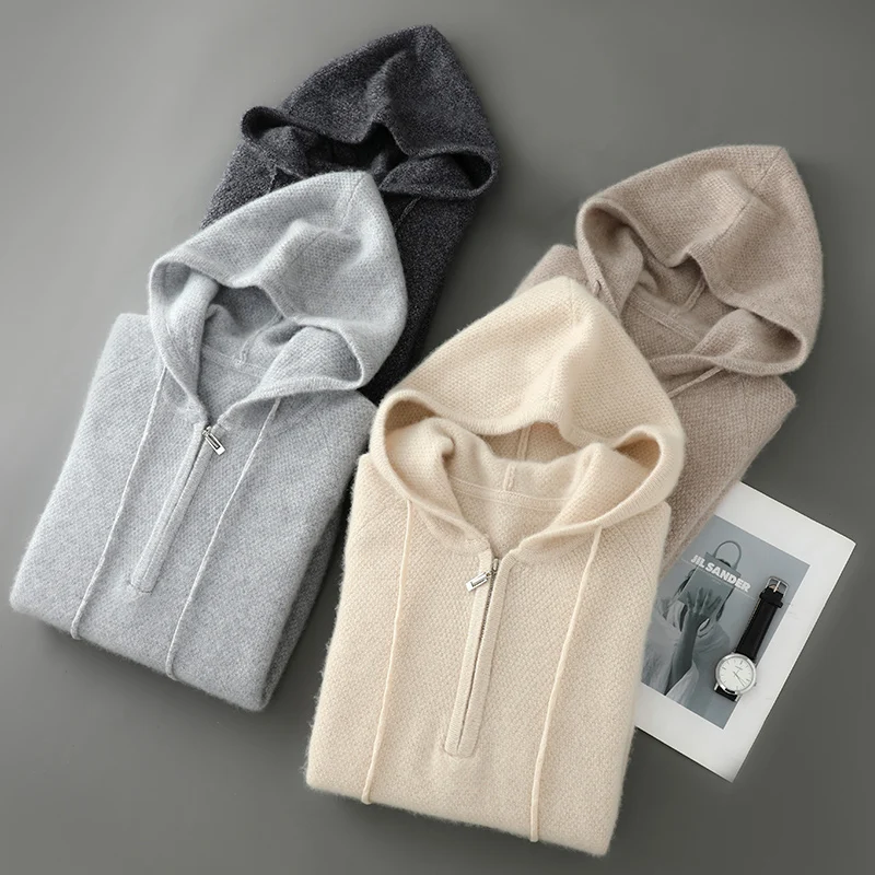 Men's Knitted Sweater 100% Merino Wool Thickened Hoodie Pullover Autumn/Winter New Sweater Casual Loose Long Sleeve Sports Top