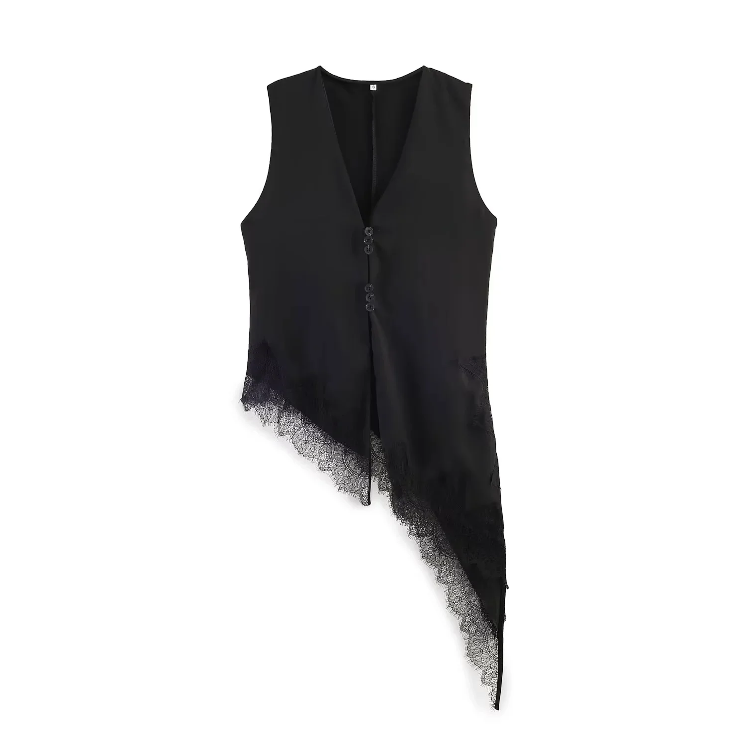 BSAY Damenmode Tanktop 2026 Frühling Sommer Neu Ärmellos V-Ausschnitt Spitzenbesatz Unregelmäßiger Saum Satin-Weste Schicke Damen-Oberteile Mujer – Detail 5