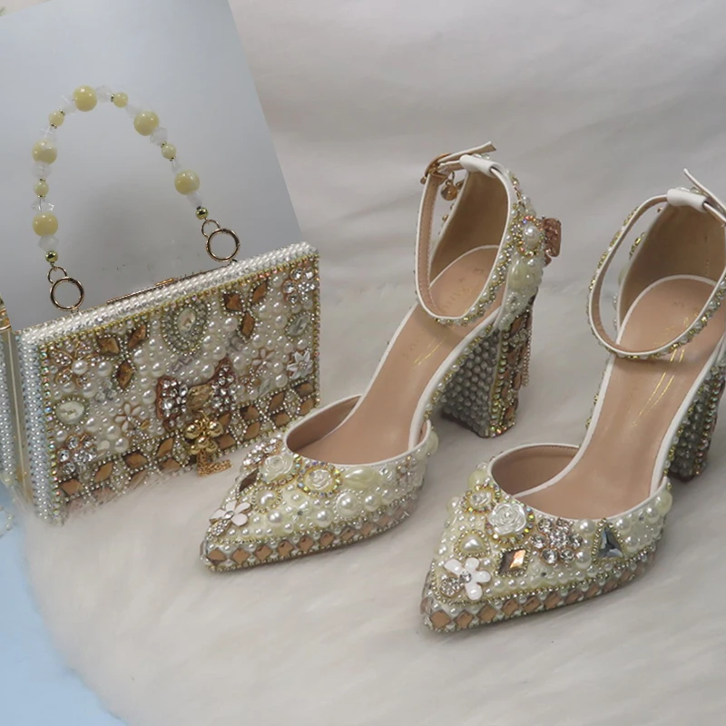 2021 new luxury crystal wedding shoes with bags women's thick high-heeled shoes sandals  women's party pointed shoes and bags