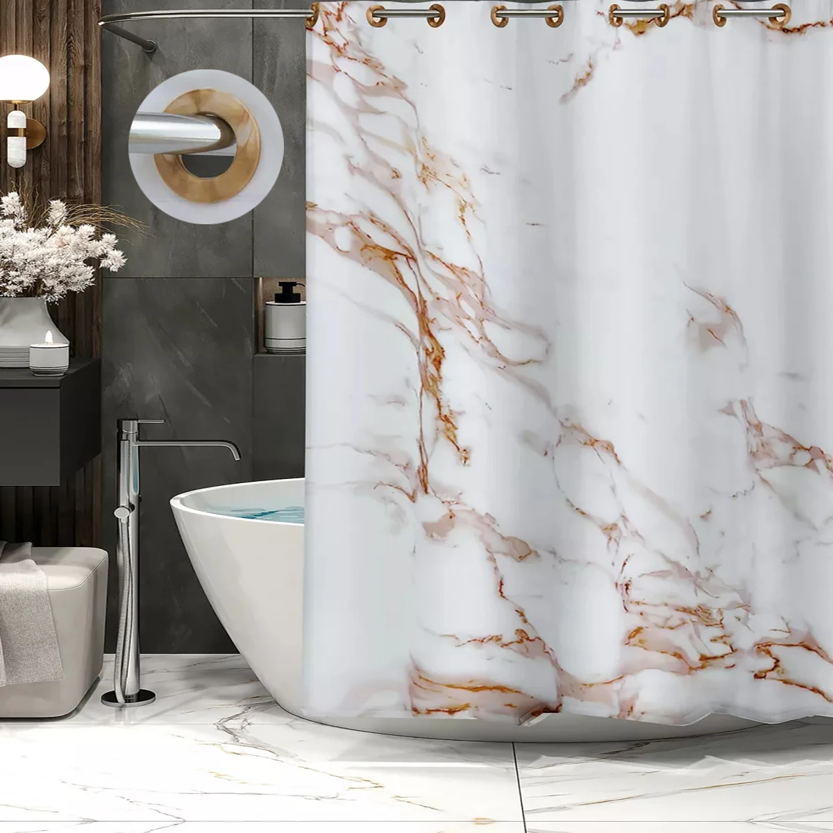 1PC waterproof and impermeable marble texture bathroom large ring shower curtain, no hook, 71inx71in