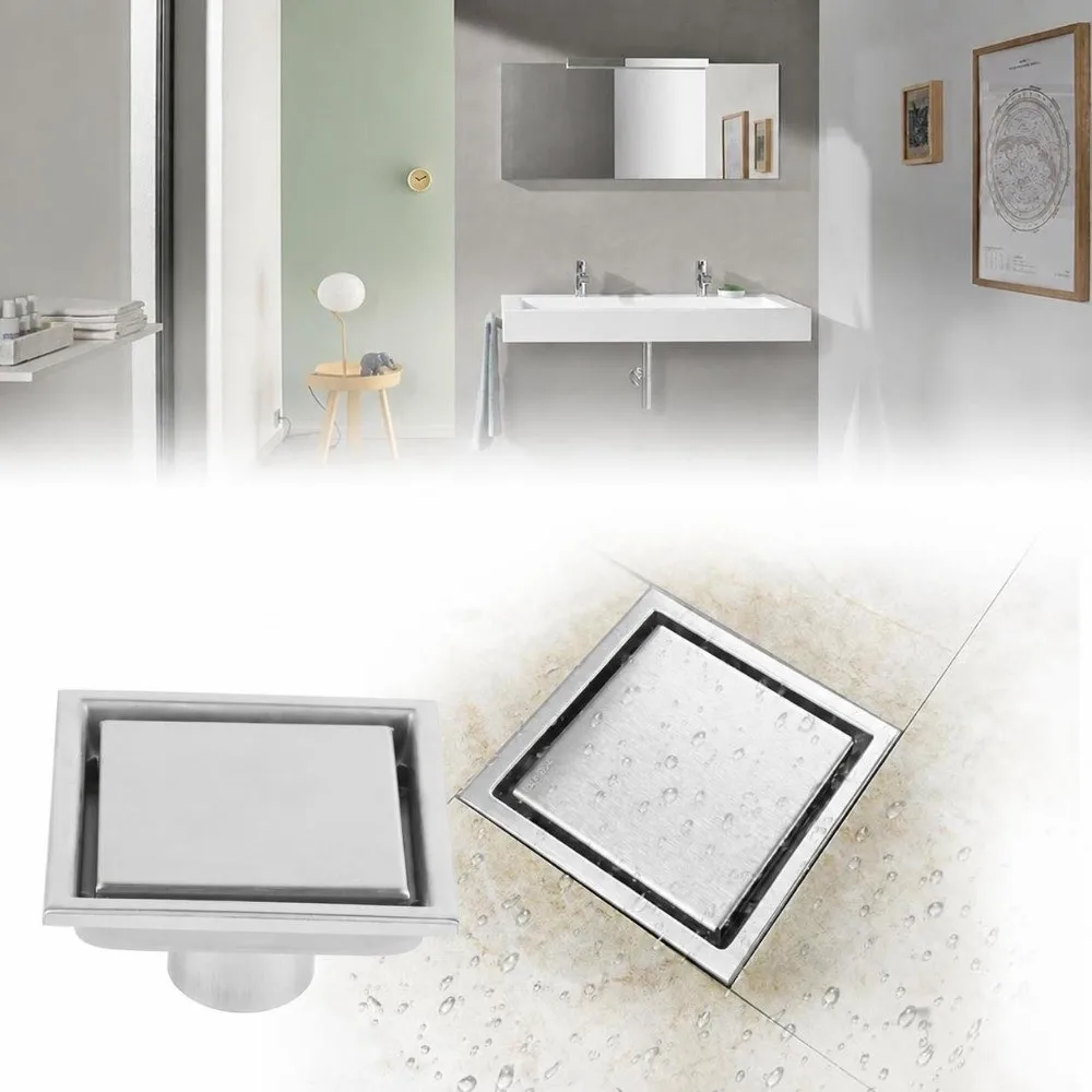 304 Stainless Steel Floor Drain 4.33 Inch Brushed Finish Bathroom Drain Removable Grille Cover Square Shape Floor Drainer Garage