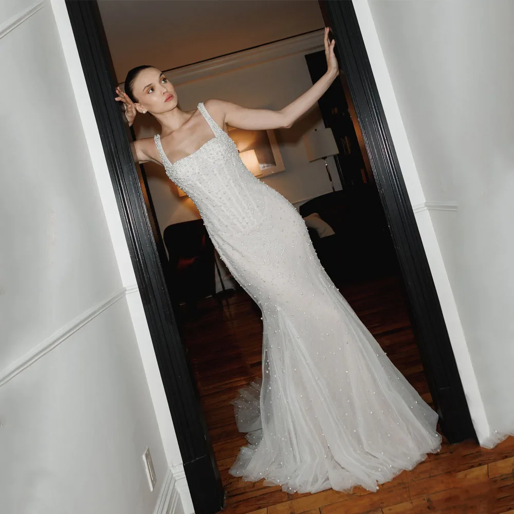 MCDV Beading Mermaid Bride Dress Spaghetti Straps Backless Luxuries Wedding Dress Bridal Sweep Train Party Dress Customized