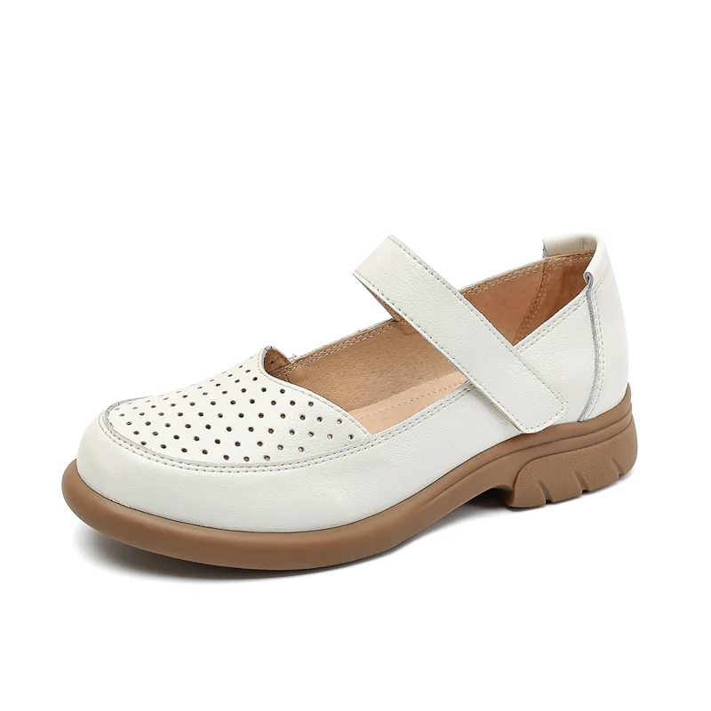 Soft Bottom Flat Sandals Large Size Genuine Leather Sandals Comfortable Sandles for Womans White Round Toe Shoes Hollow Summer