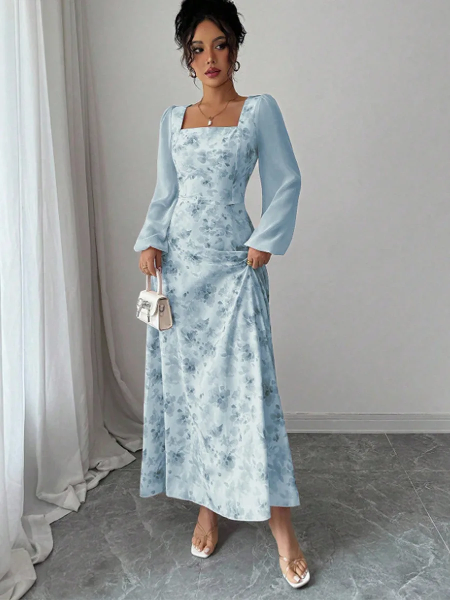 Abito lungo maxi a trapezio in chiffon con colletto quadrato a maniche lunghe stampato floreale da donna 2026 Abiti da sera sottili sexy per feste di compleanno