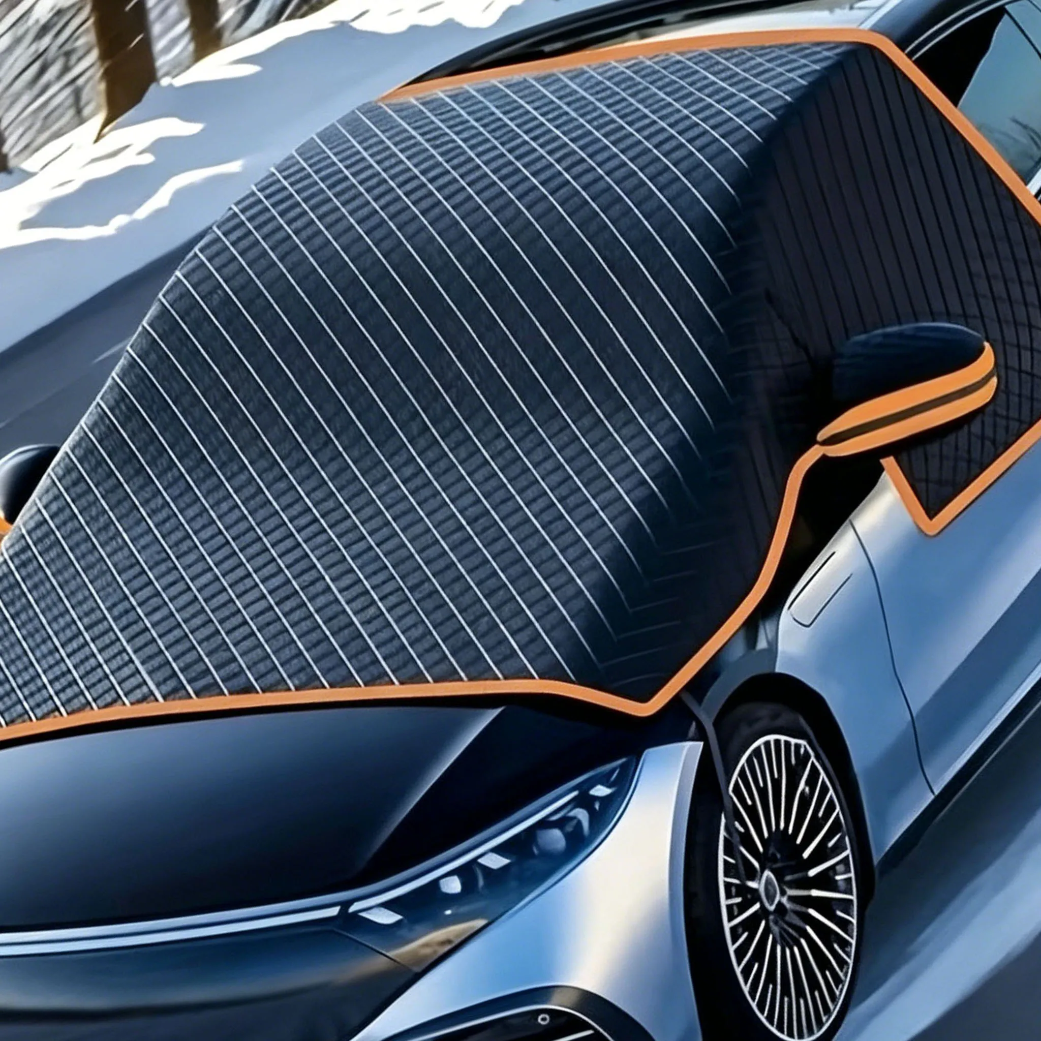 Magnetic Fastening Car Windshield Snow Cover Protector with UV Sunshade Orange Reflective Strip Oxford Cloth