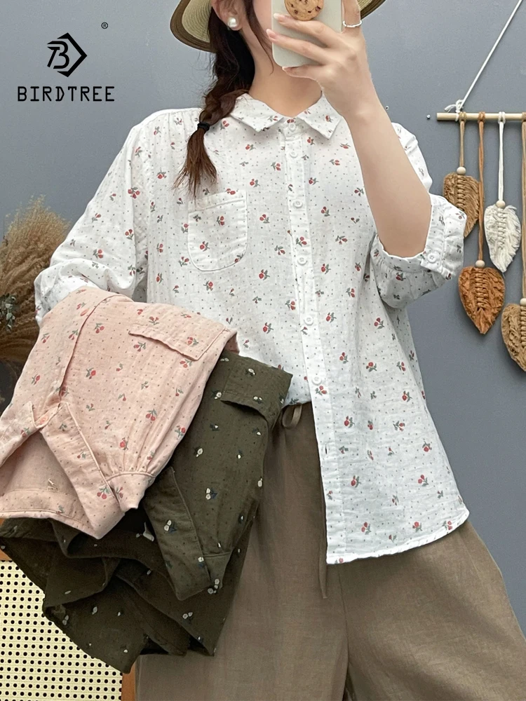 

New 2026 Summer Women Cotton Yarn Half Sleeve Shirt, Turn-down Collar Printed, Mori Girl Comfortable Thin Loose Blouse T64184CC