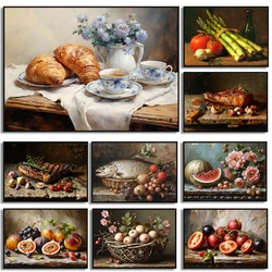 Vintage Food Still Life Fruit Steak Fish Tomato Farmhouse Posters and Prints Canvas Printing Wall Art Picture for Kitchen Decor