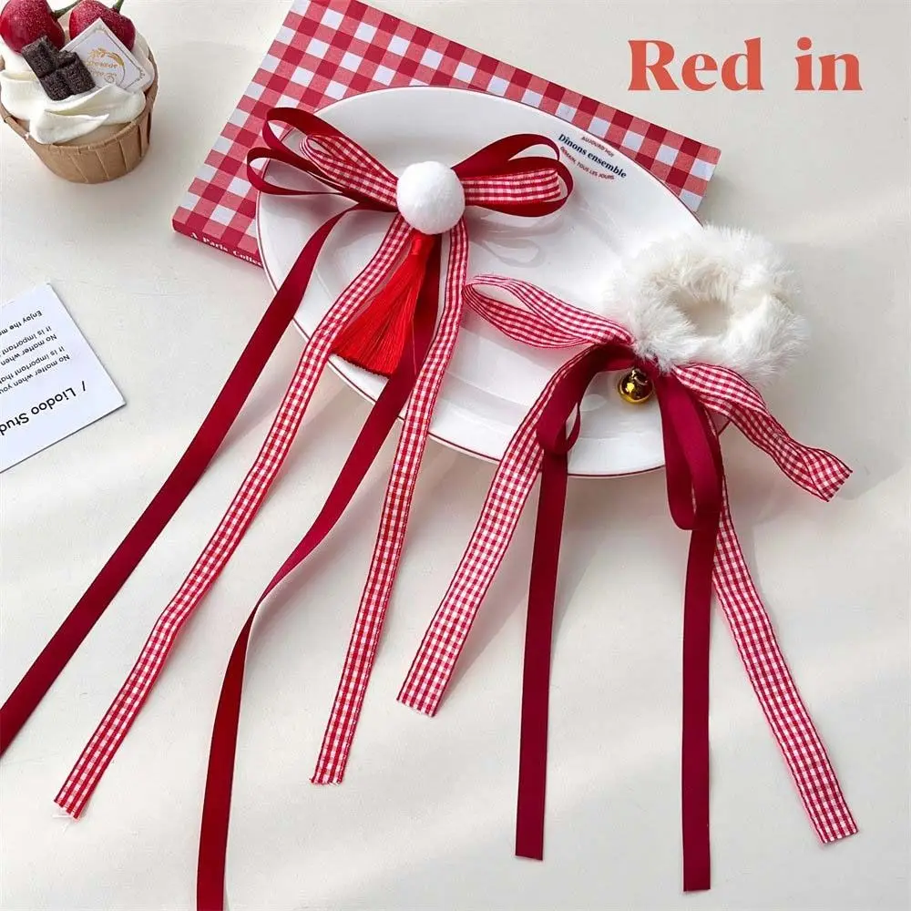 Lattice Bowknot Hair Side Clip Double Layer Ribbon Tassel Plaid Bow Tassel Duckbill Clip Hair Ring Korean Style