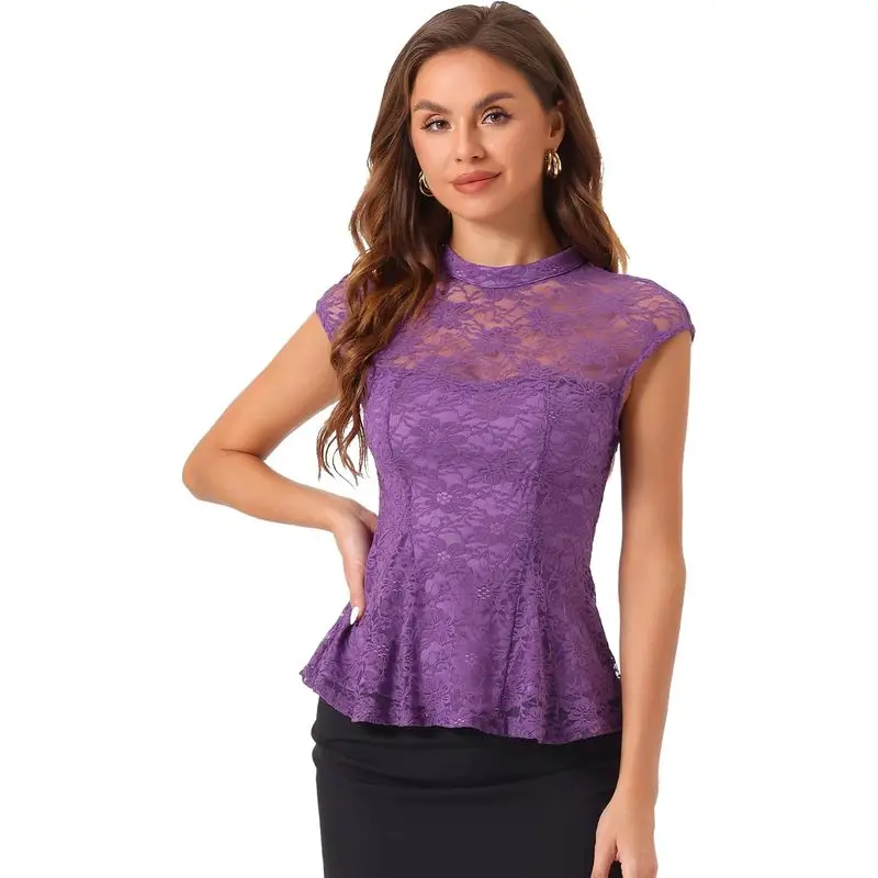 Women's Crochet Peplum Floral Crochet Mock Neck Tops Cap Sleeve Lace Blouse