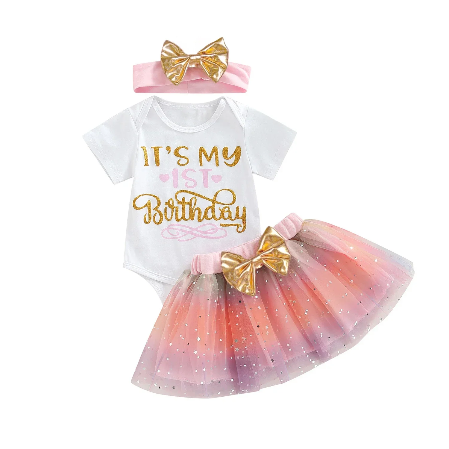 Baby Girls 1st Birthday Outfit Cotton Short Sleeves Newborn Girls Romper Pettiskirt Toddler Baby Birthday Gifts Party Clothes