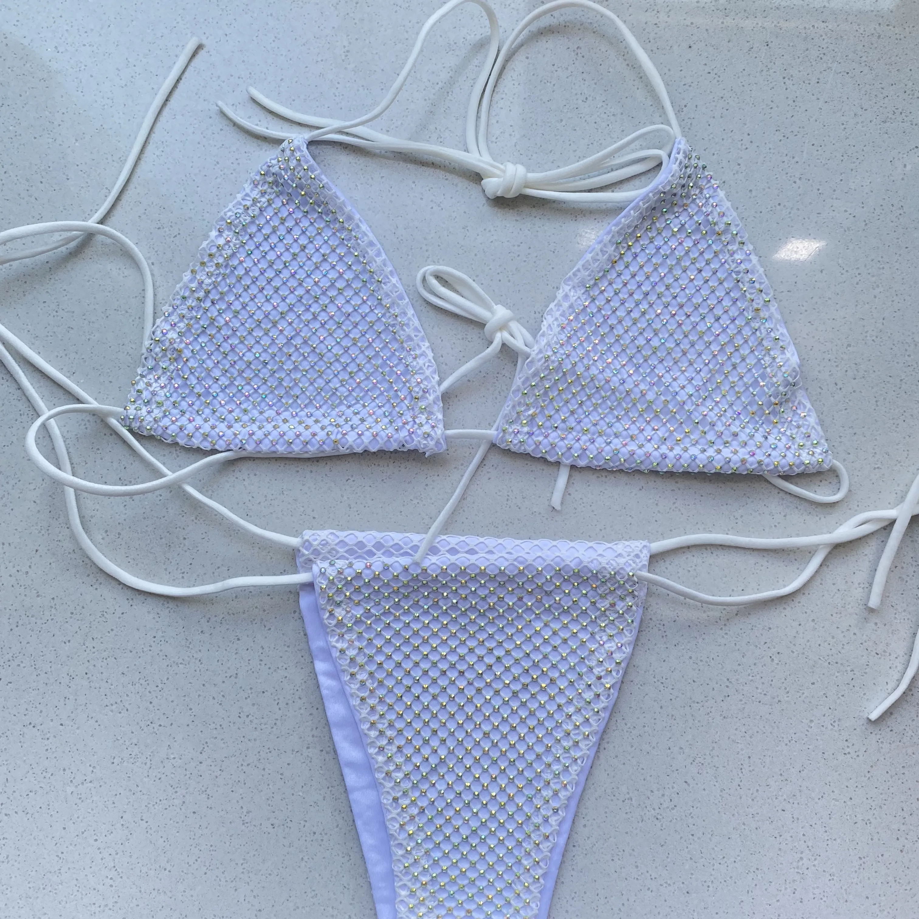 Zestaw Bikini kobiety luksusowy Bling Rhinestone różowy biały kryształowy diament seksowny strój kąpielowy Push Up