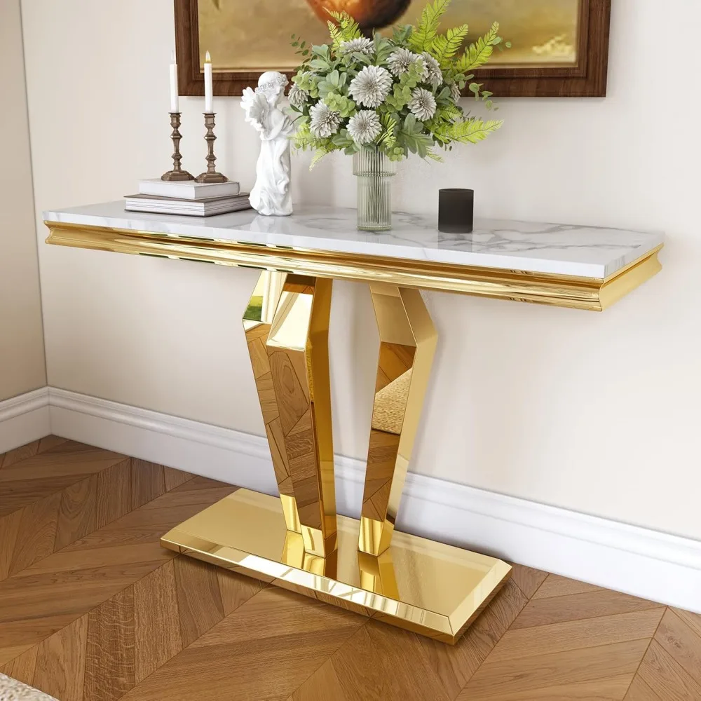 

47 inch Gold Console Table, Modern Entryway Table with Diamond-Shaped Metal Base for Entrance, Hallway, Living Room (White Faux