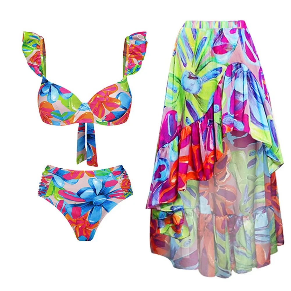 2024 traje de baño para mujer, traje de baño de 2 piezas con volantes, estampado liso, escote en V profundo, Monokini de una pieza, traje de Bikini tipo kimono, ropa de playa de verano