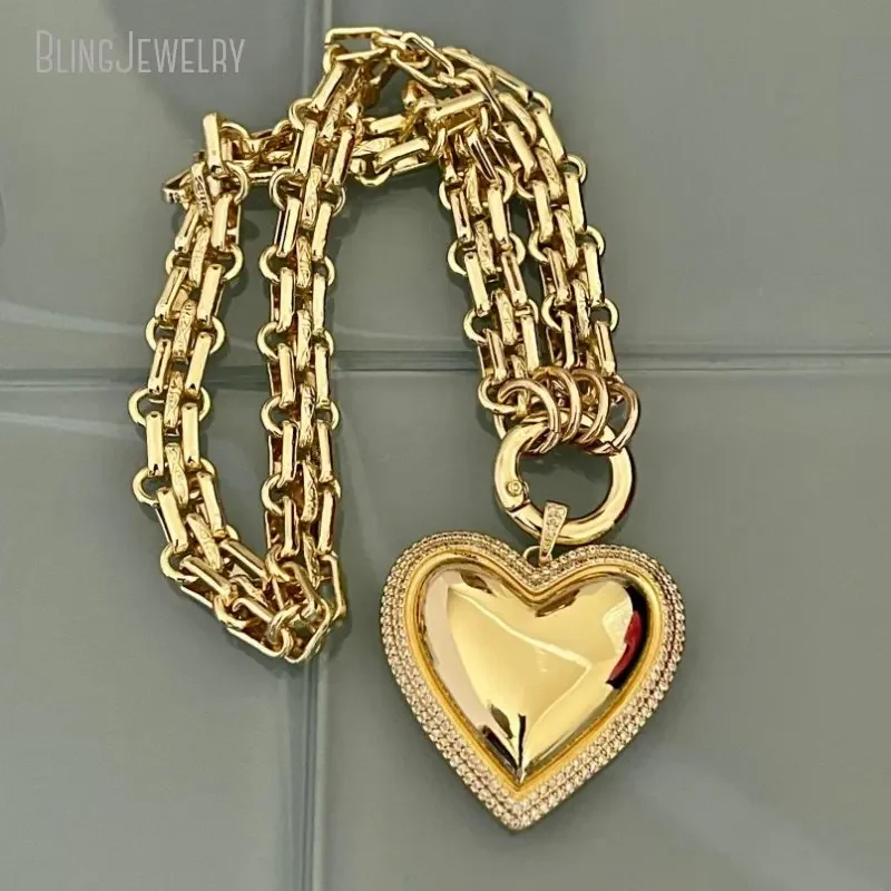 10pcs Gold Color Chunky Multilink Chain Large Heart Pendant Necklace Micro Pave Bezel Textured Chain Spring Clasp Gift For Her