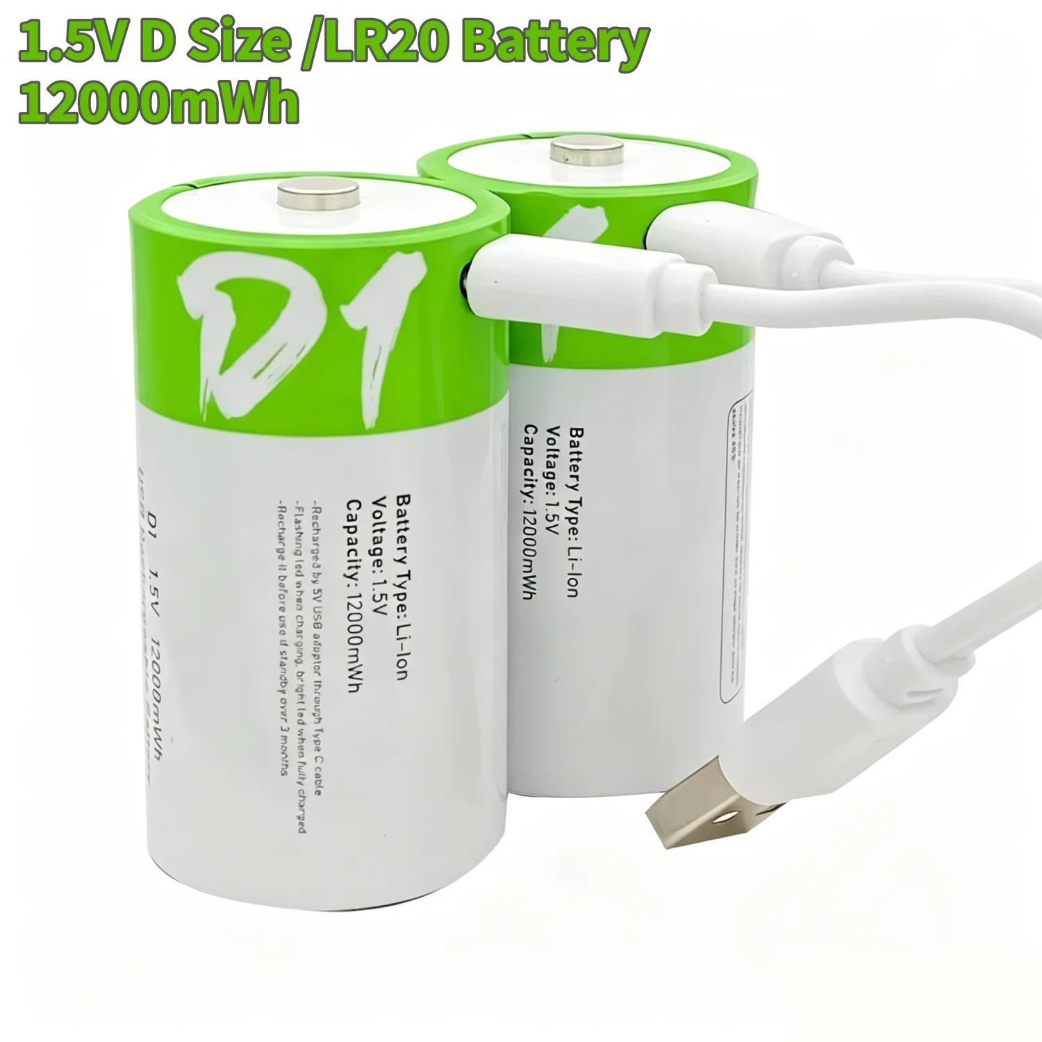 LR20 D Size Cell 1.5V 12000mWh Rechargeable Battery Li-ion Batteries with Type-C Cable for Gas Stove Water Heater LED Flashlight