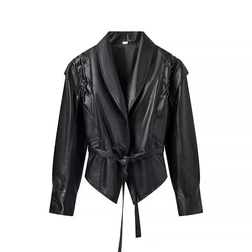 

Women Imitation Leather Jacket Long Sleeve Lace-up Lapel Coat Street Outerwear Street Design Sense Vintage Leather Jacket