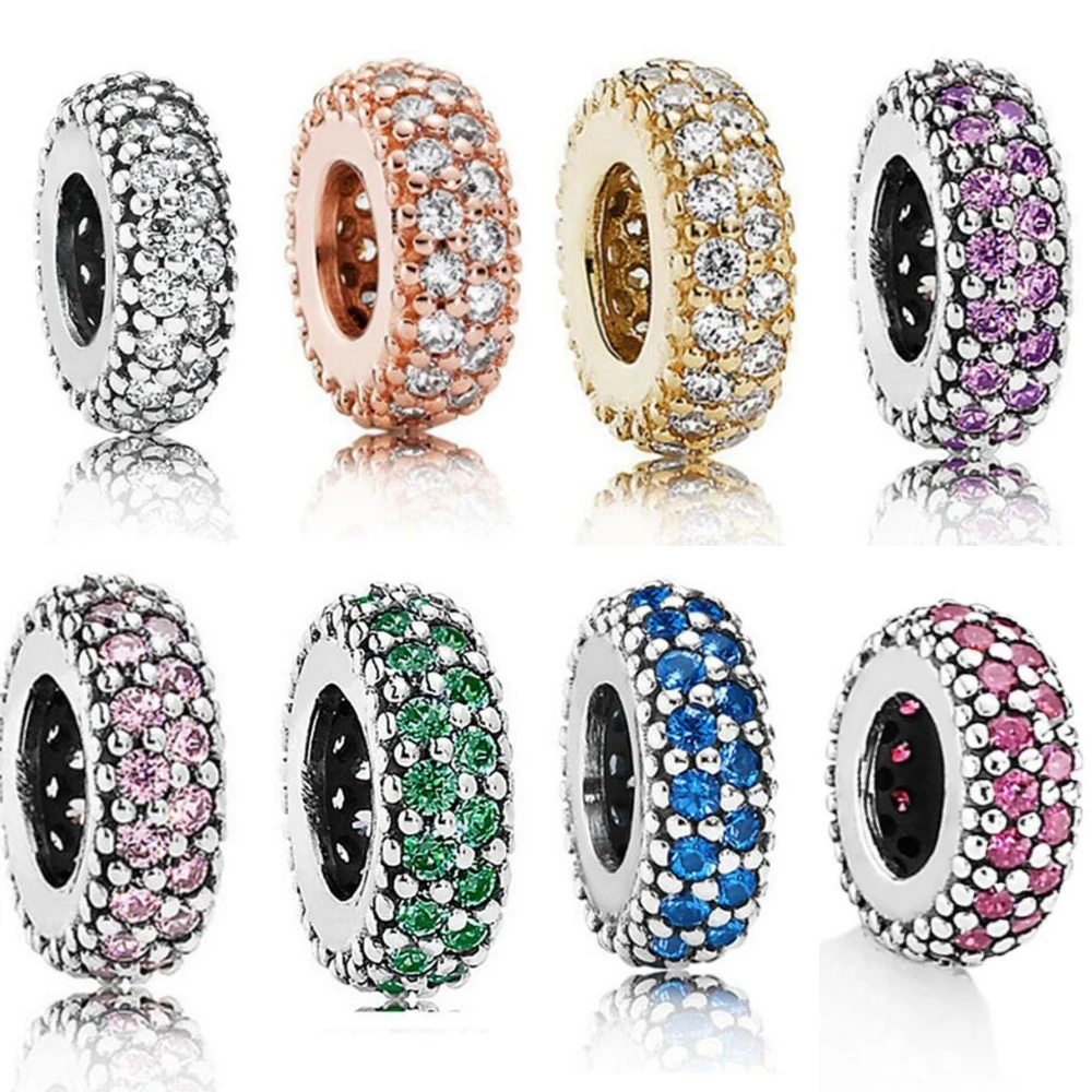 2024 Original 925 Sterling Silver Charming Fit Charming Bracelet Jewelry DIY Pink Shiny Zircon Spacer Beads