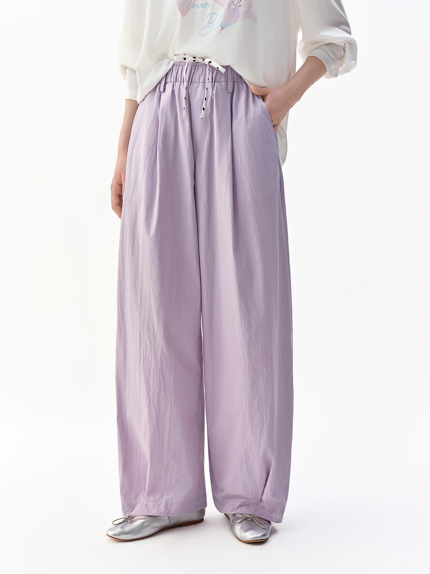 DUSHU 2026 Fall New Arrival Women‘s Polka Dot Barrel Leg Pants, High Waist Turned-Down Waistband Trousers for Casual Chic Style