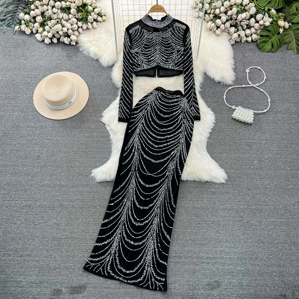 Two-Piece High Waisted Buttocks Wrapped Fishtail Skirt Trumpet Dress Long Sleeved Diamond Embellished Standing Collar Short Top