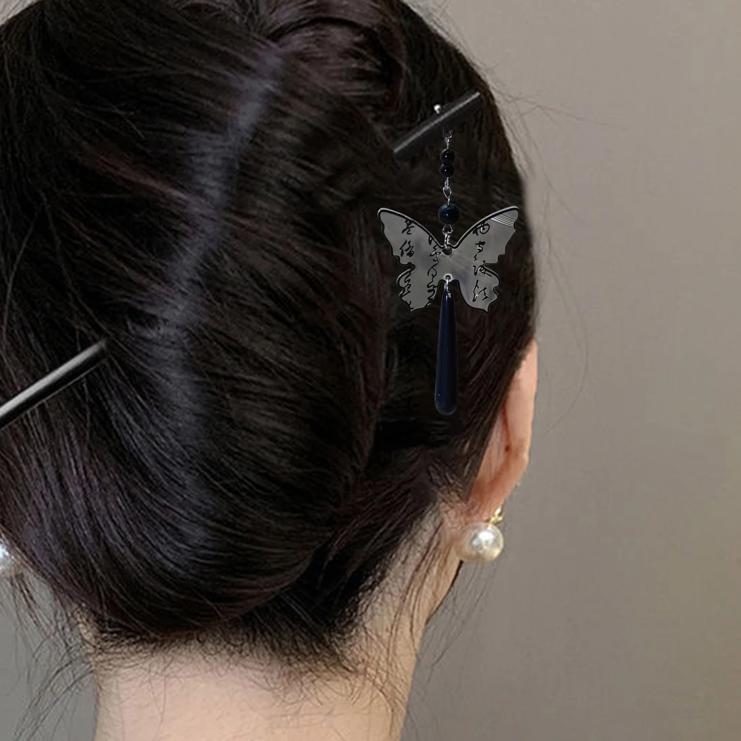 17.5cm Wood Hairpin Ink Butterfly Hair Sticks Women Ladies Bun Hair Hairpins Girls Retro Chopsticks Hair Accessories Headwear