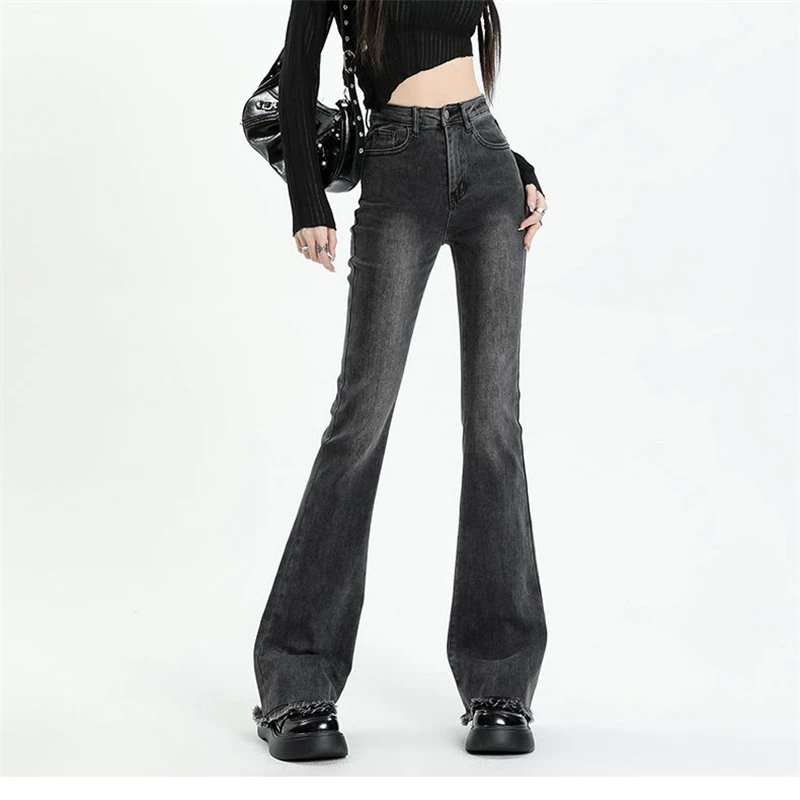 

Women's High Waisted Black Grey Fringed Denim Bell Bottom Pants Summer Casual Wide-leg Trousers Female Sexy Skinny Jeans