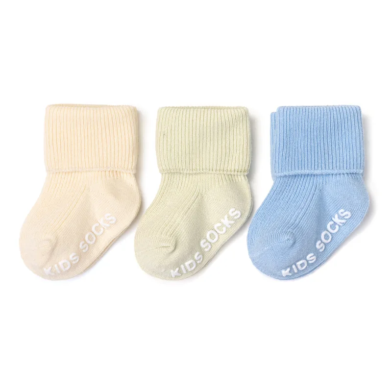 3pairs/set 0-3Y Children Socks Mid-calf Solid Color Anti-slip Floor Sock Baby Socks Baby Toddler Cotton Knit Socks First Walker
