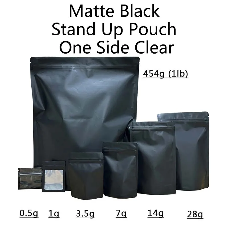 

100Pcs Matte Black Mylar Foil Stand Up Bag 1lb One Side Clear Water-proof Zip Lock Doypack Food Coffee Bean Packaging Pouches