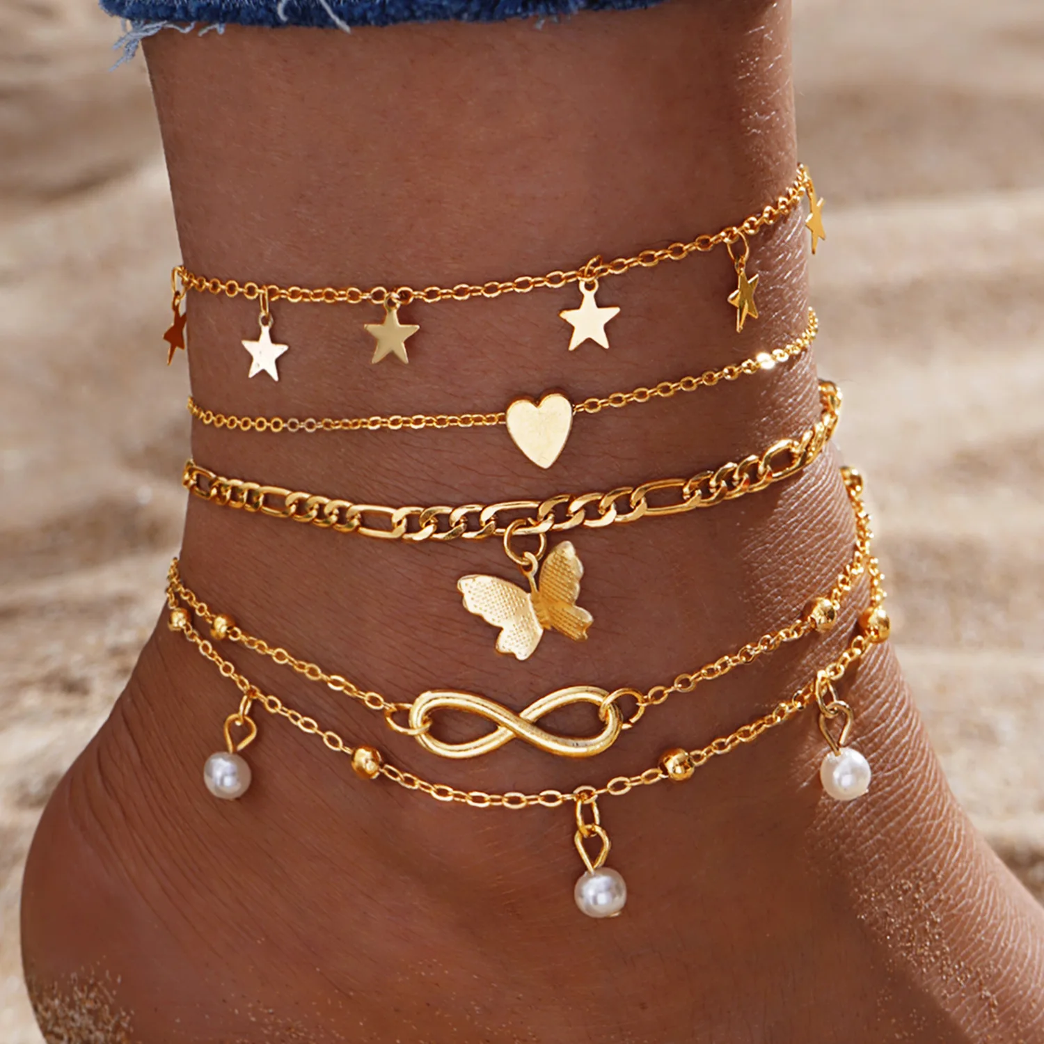 

Gold Color Vintage Butterfly Anklet Set For Women Multilayers Adjustable Love Bracelet On Leg Foot Beach Jewelry