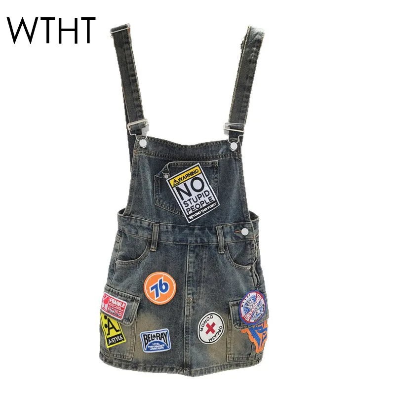 

WTHT Vintage Fashion Women's Patchwork Badge Design Denim Sling Dress 2025 Summer Trendy Backless Short Dresses Female 1LS2042