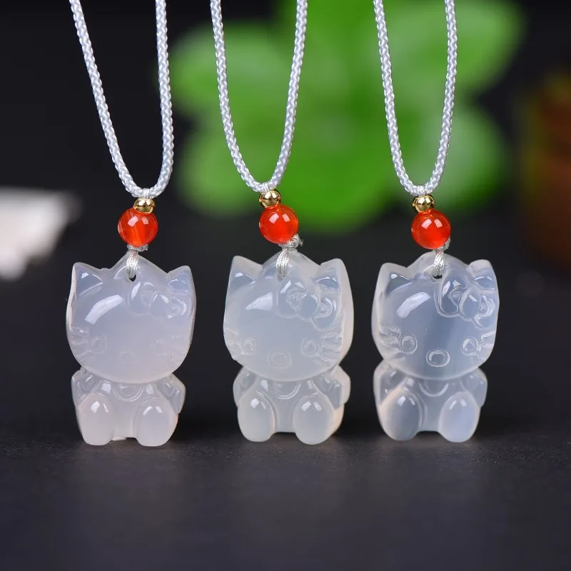 

100% Natural Agate Chalcedony Cat Pendant Fashion Men and Women Crystal Jade Necklace Feng Shui Keep Safe Amulet Jewelry Gifts