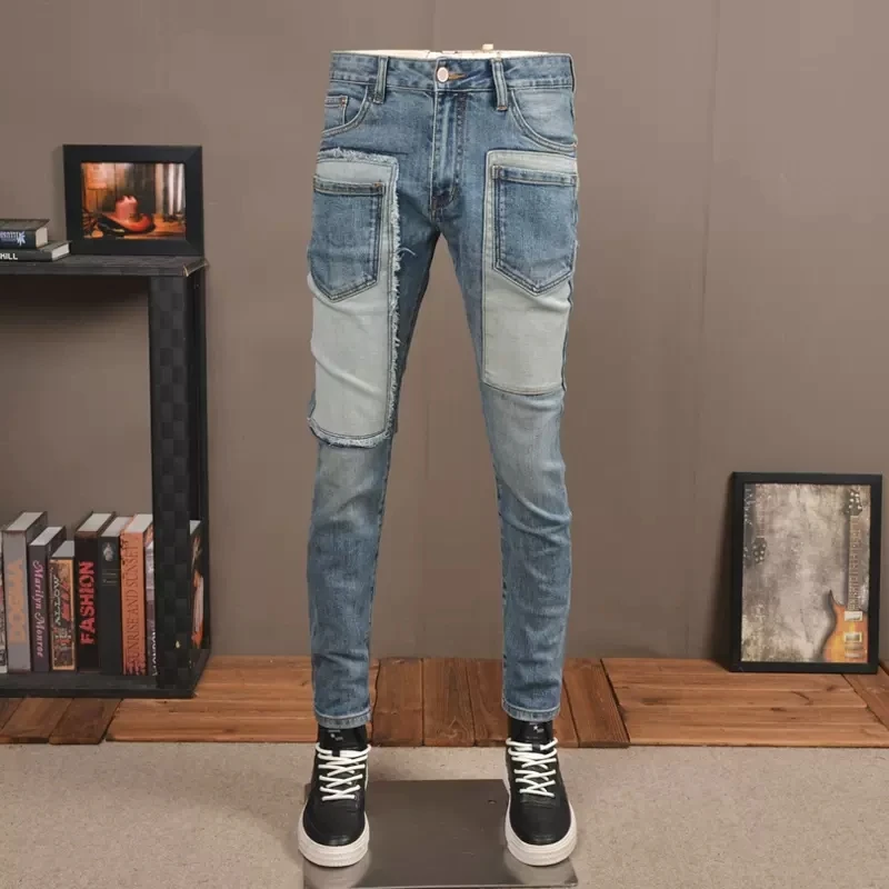 

Fashion Streetwear Men Jeans Retro Blue Stretch Slim Fit Spliced Designer Ripped Jeans Men Multi Pockets Hip Hop Pants Hombre