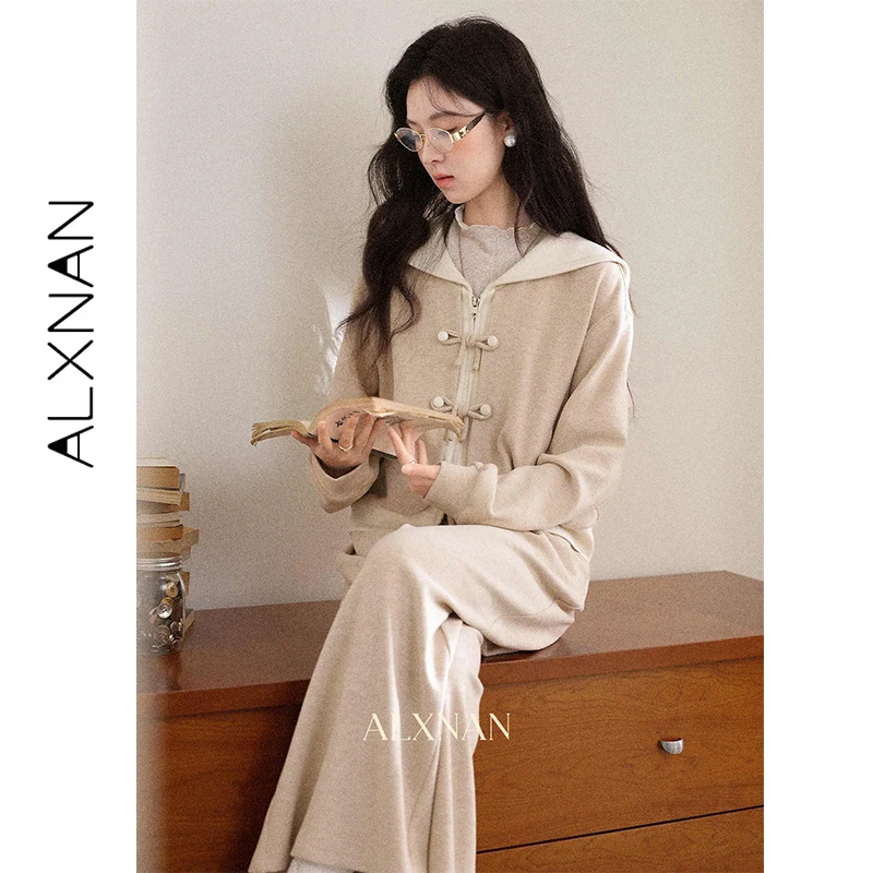 

ALXNAN Oatmeal Women's Sweatshirt Sailor Collar Frog Button Long Sleeve Coat Slim-fit Zipper 2026 Spring New Casual Tops L60350