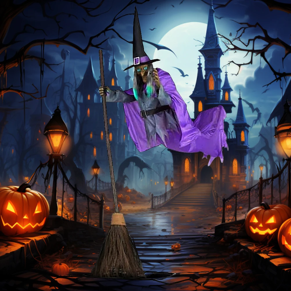 

Halloween Flying Witch Broom Prop with Terrifying Sounds & Lights Fun Costumes Flying Scary Witch for Balcony Entry Themed Party