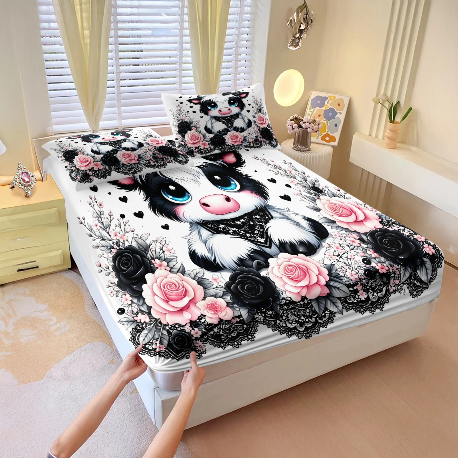 Cute Highland Cow Fitted Sheet Set Rose Floral Elastic Deep‑Pocket Bed Sheet with Pillowcases Floral Print Bedding Set Bedroom