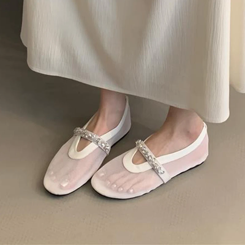 Round Toe Rhinestone Decor Mary Jane Shoes Women Mesh Breathable Ballet Shoes Spring Autumn Vacation Flat Bottom Single Shoes