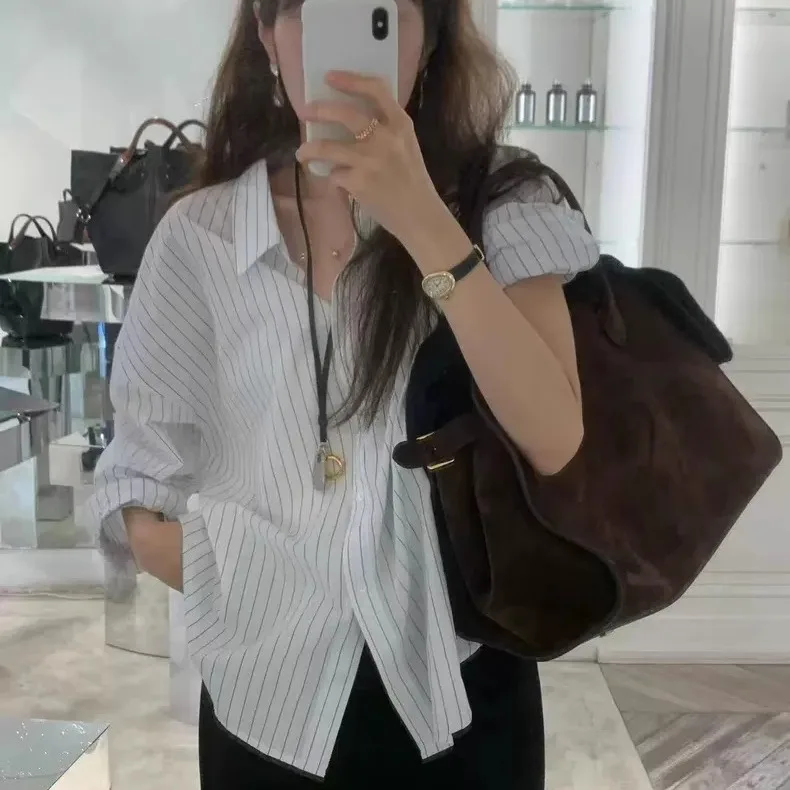 

Loose Long Sve Striped irt Women's Casual Sle Korean Faion Simple Ele Autumn New Arrival Ounce2025 Slimming Effect