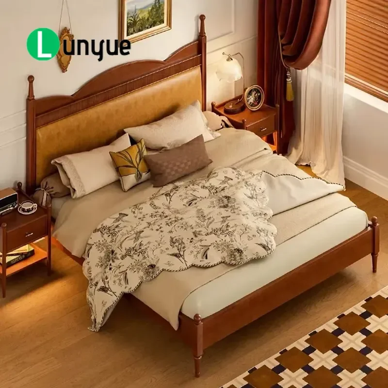 French Retro Solid Wood Hand Carved Leather Double Bed Soft Upholstered Master Bedroom Furniture Customizable