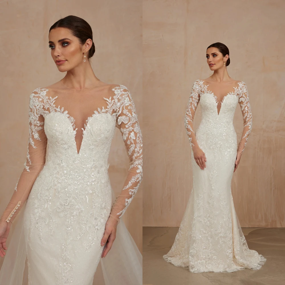 Customized Mermaid Wedding Gowns V Neck Long Seleeves Lace Appliques Beaded Sequins Bridal Dress Detachable Train Bride Dresses