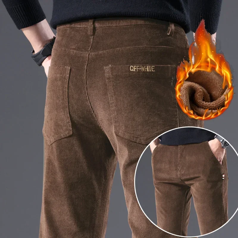 

Men Fashion Winter Thermal Corduroy Pants Snow Warm Plush Fleece Narrow Leg Slim Fit Casual Pants Classic Army Green Trousers