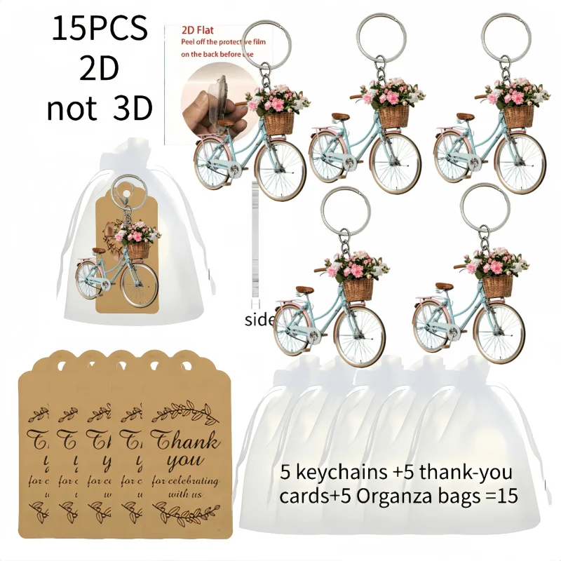5sets Bicycle Keychain Including 2D Acrylic Pendants & Thank You Cards & Gift Yarn Bags Creative Ornaments Gifts for Friends Men