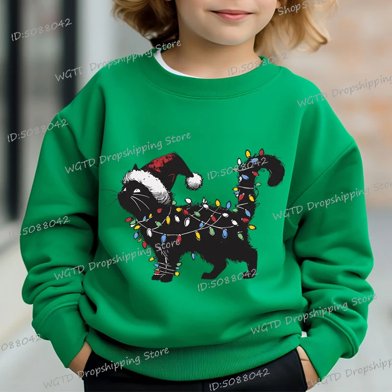 

2025 Christmas Lights Black Cat Kids Hoodies Casual Cartoon Anime Fun Print Children's Clothes Autumn Merry Christmas Sweatshirt