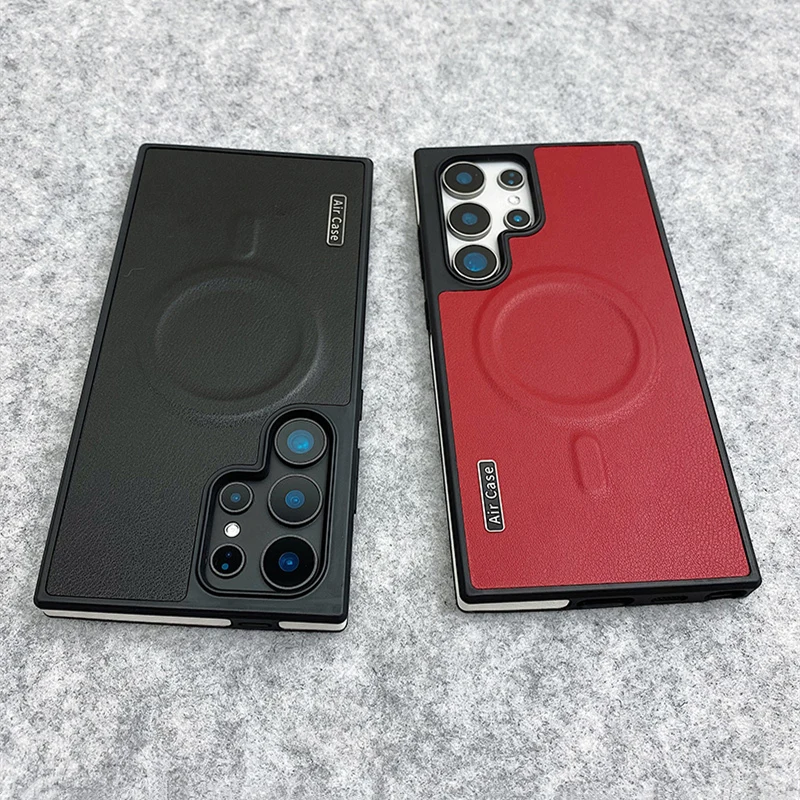 Trendy Hit Color MagSafe Phone Case for Samsung Galaxy S25 Ultra S24 S23 Retro PU Leather Texture Wireless Charging Hard Cover